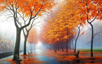 リアルな写真から Painting - 秋の木々の下の小道 風景画 写真からアートへ